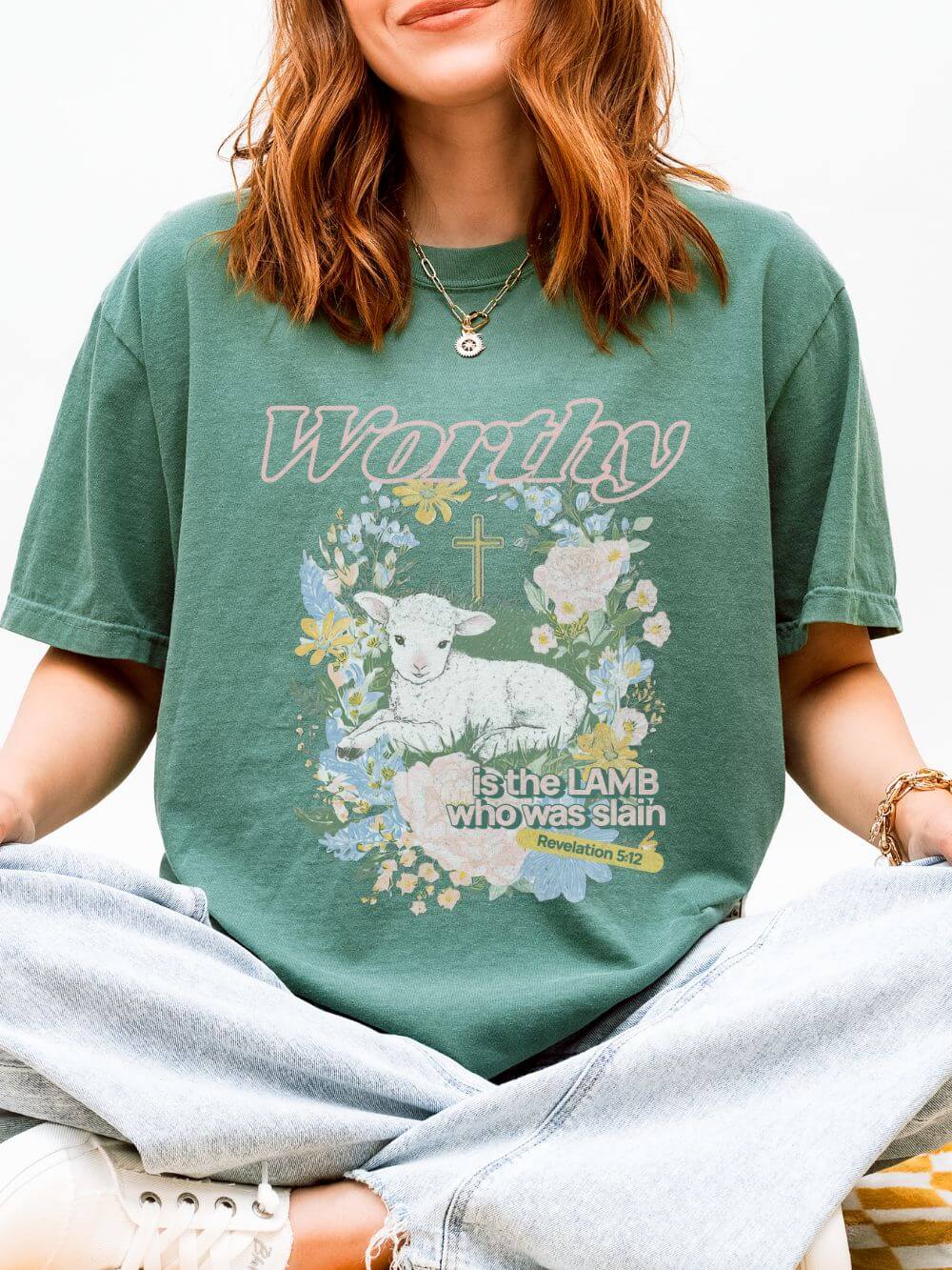 Worthy is the Lamb Who Was Slain Floral Easter Graphic Distressed T-Shirt Christian Tee