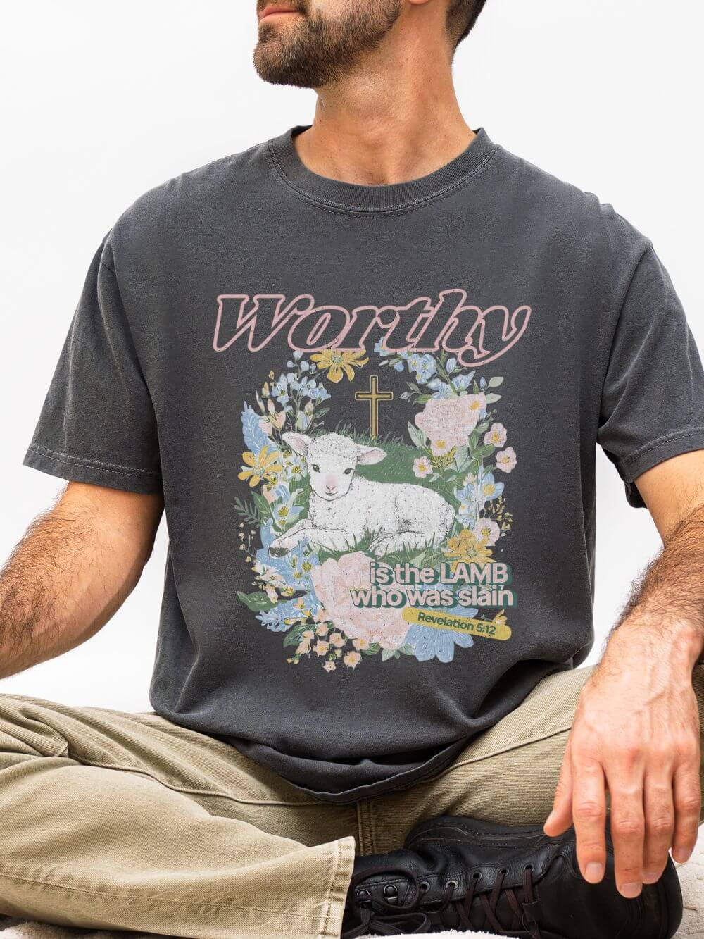 Worthy is the Lamb Who Was Slain Floral Easter Graphic Distressed T-Shirt Christian Tee