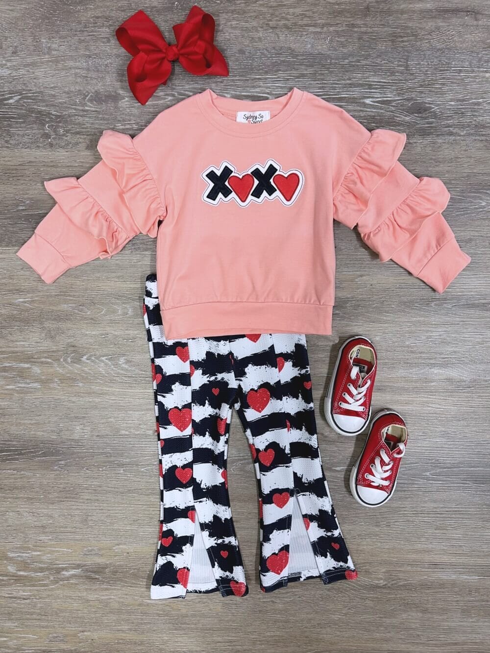 XOXO Falling In Love Pink Ruffle Bell Bottom Girls Valentine's Day Outfit - Sydney So Sweet