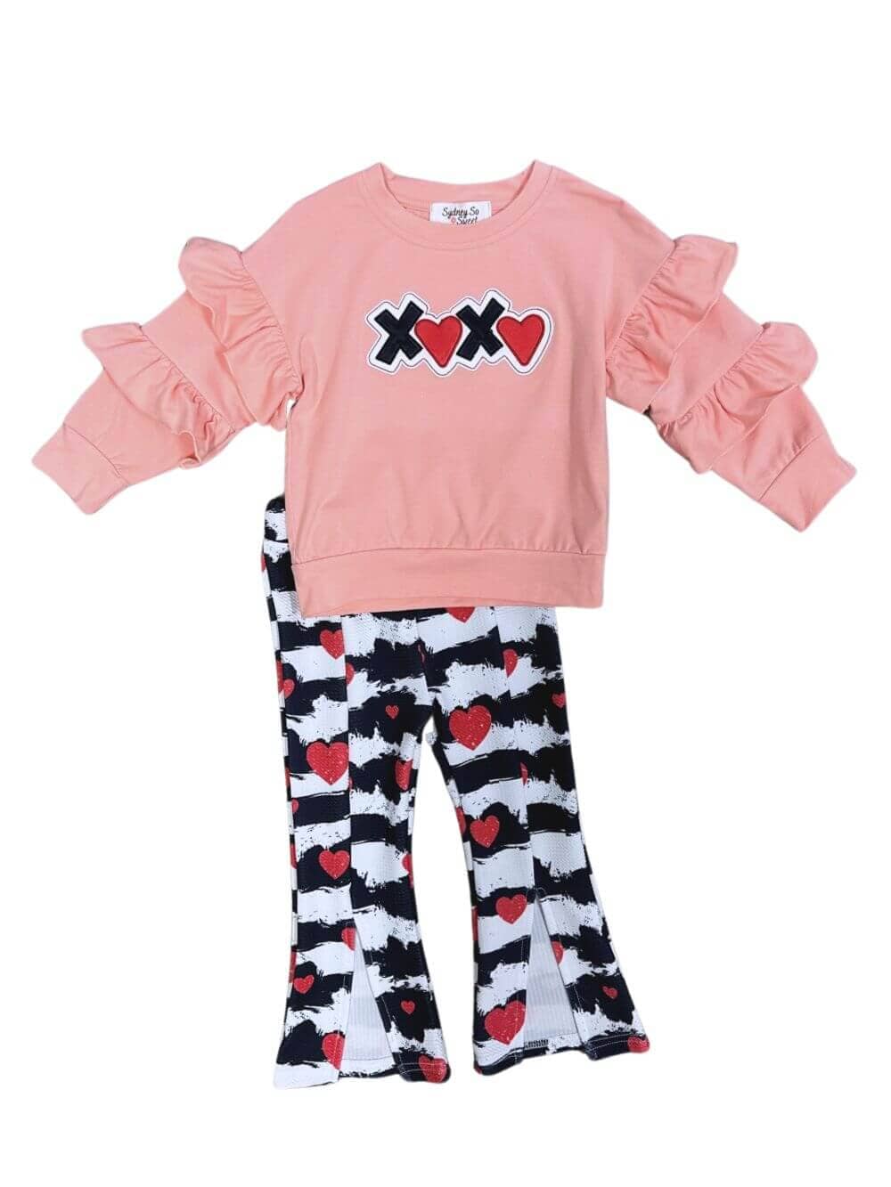 XOXO Falling In Love Pink Ruffle Bell Bottom Girls Valentine's Day Outfit - Sydney So Sweet