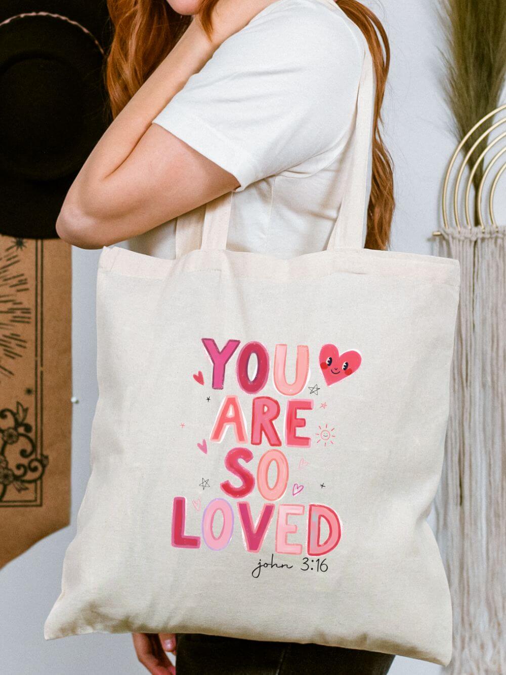 You Are So Loved John 3:16 Heart Christian Cotton Canvas Tote Bag
