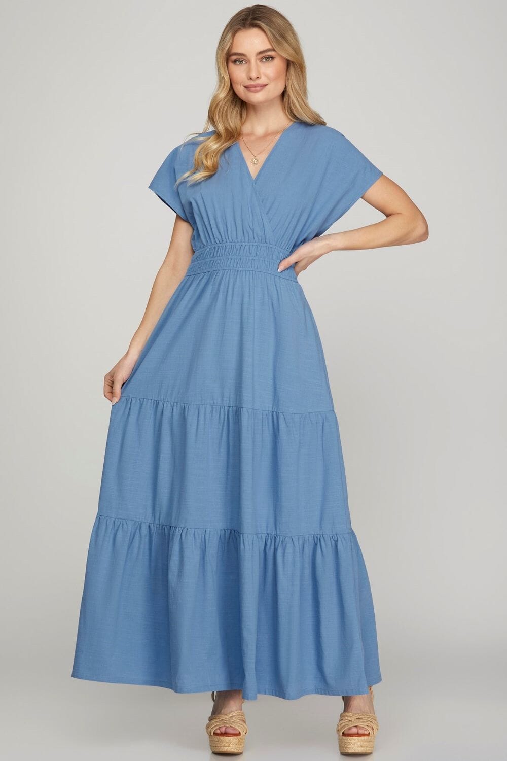 She + Sky Surplice Short Sleeve Tiered Maxi Dress With Pockets - Sydney So Sweet