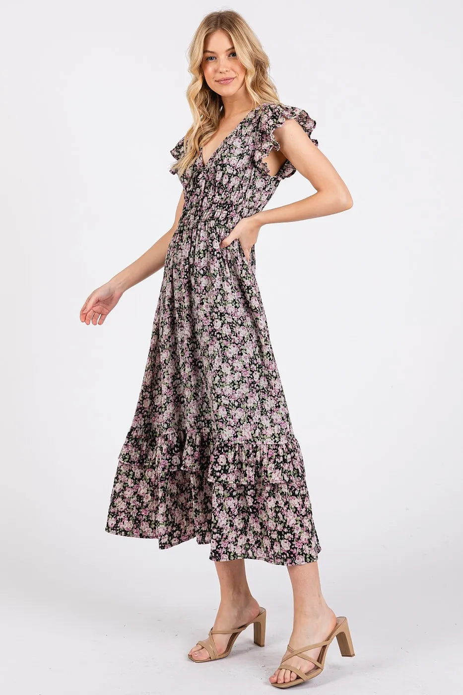 Mittoshop Flower Print Ruffle Cap Sleeve V-neck Midi Dress - Sydney So Sweet