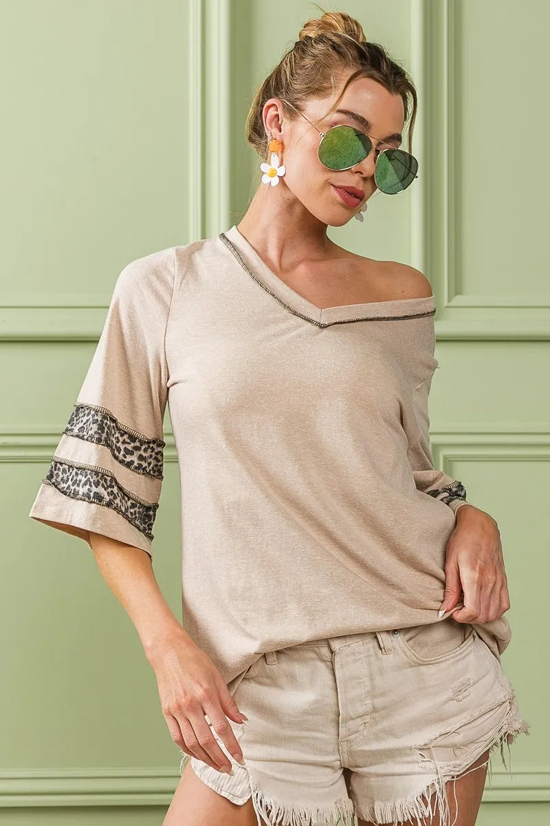 BiBi Triblend Knit Top with Leopard Band Detail - Sydney So Sweet