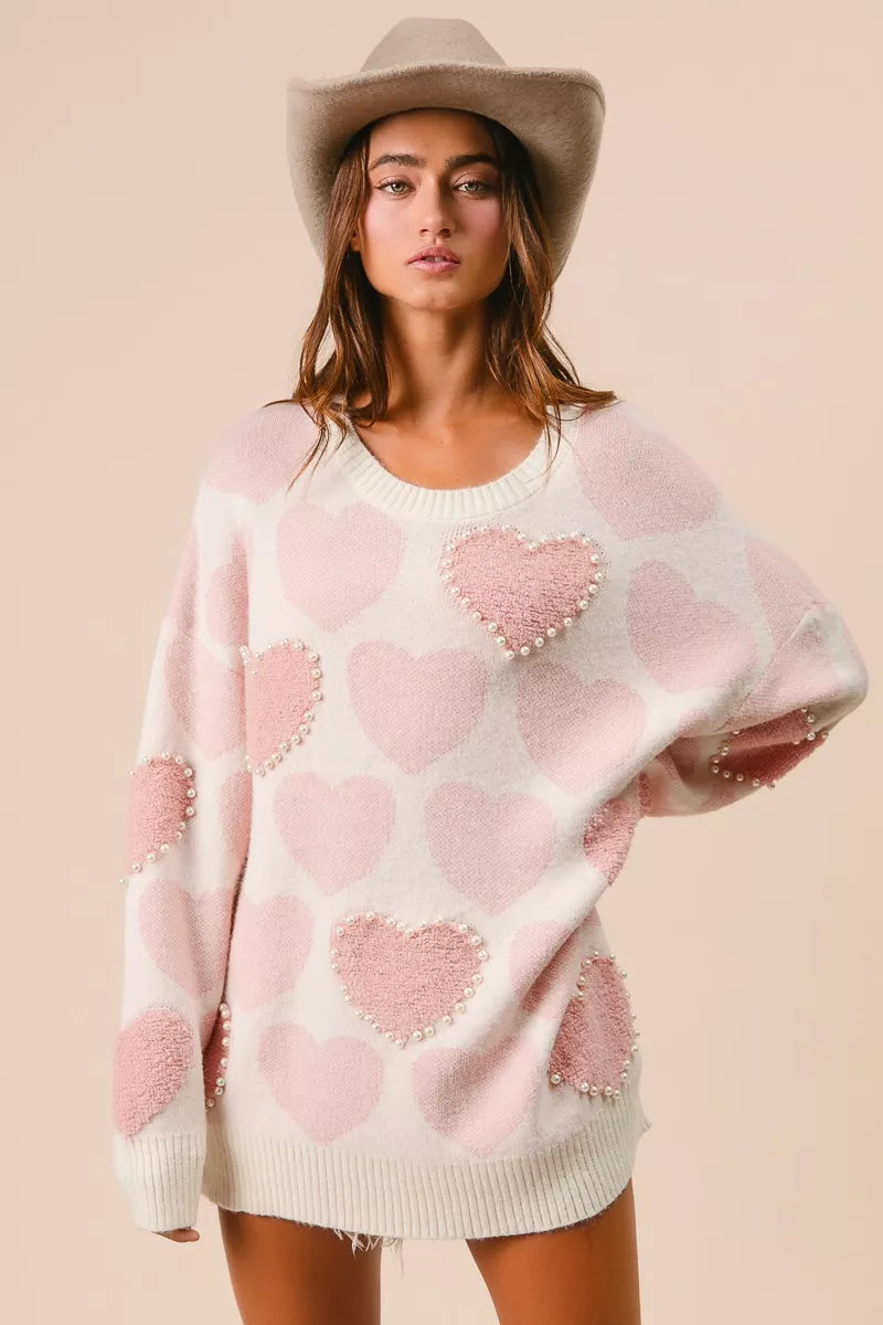 BiBi Heart Pattern Sweater with Pearl Detail - Sydney So Sweet