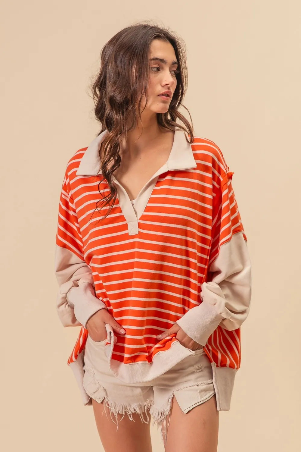 BiBi Stripe Knit Loose Fit Top With Cut Edge Detail - Sydney So Sweet