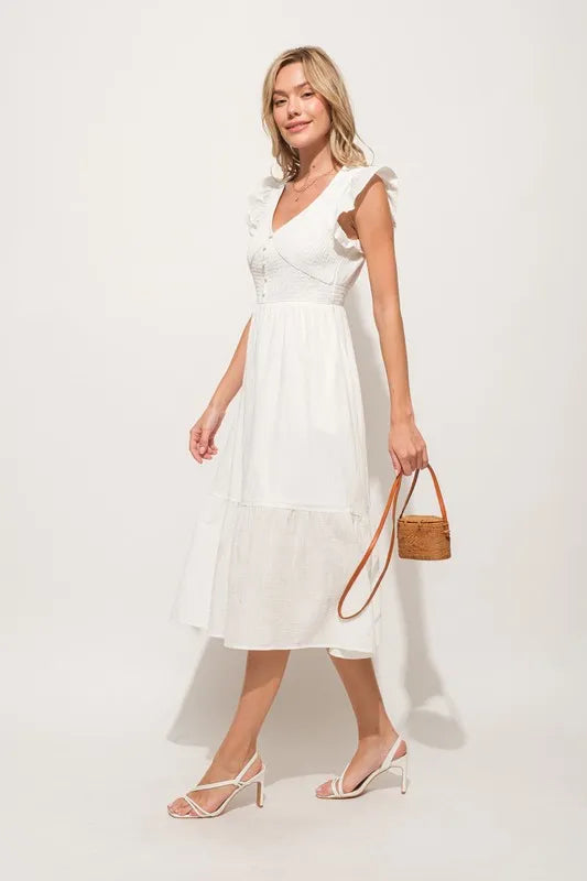 And The Why Ruffle Sleeve Front Smocked Tiered Midi Dress - Sydney So Sweet
