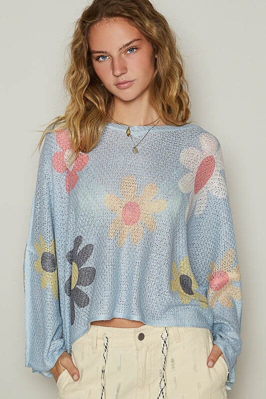 POL Flower Dropped Shoulder Long Sleeve Knit Top - Sydney So Sweet