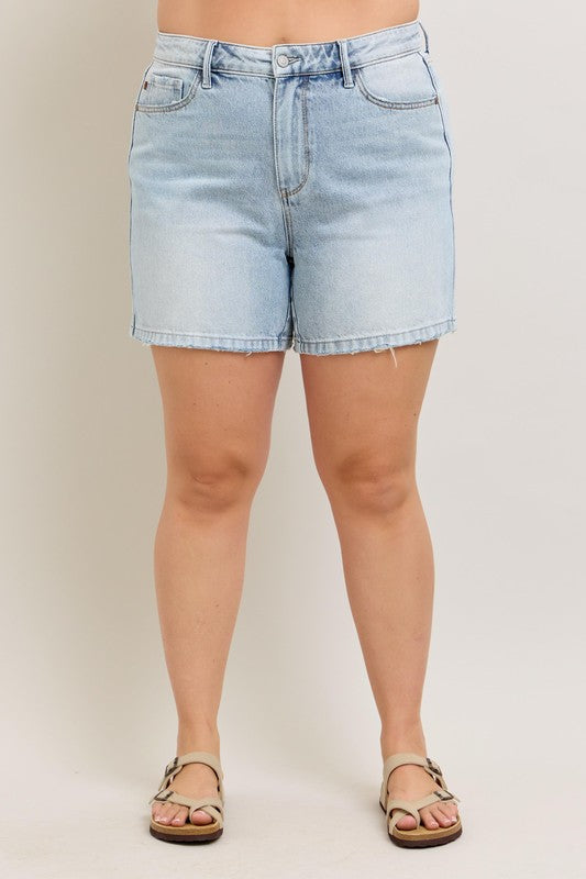 Judy Blue Full Size Frayed Hem High Rise Denim Shorts with Pockets Plus Size - Sydney So Sweet