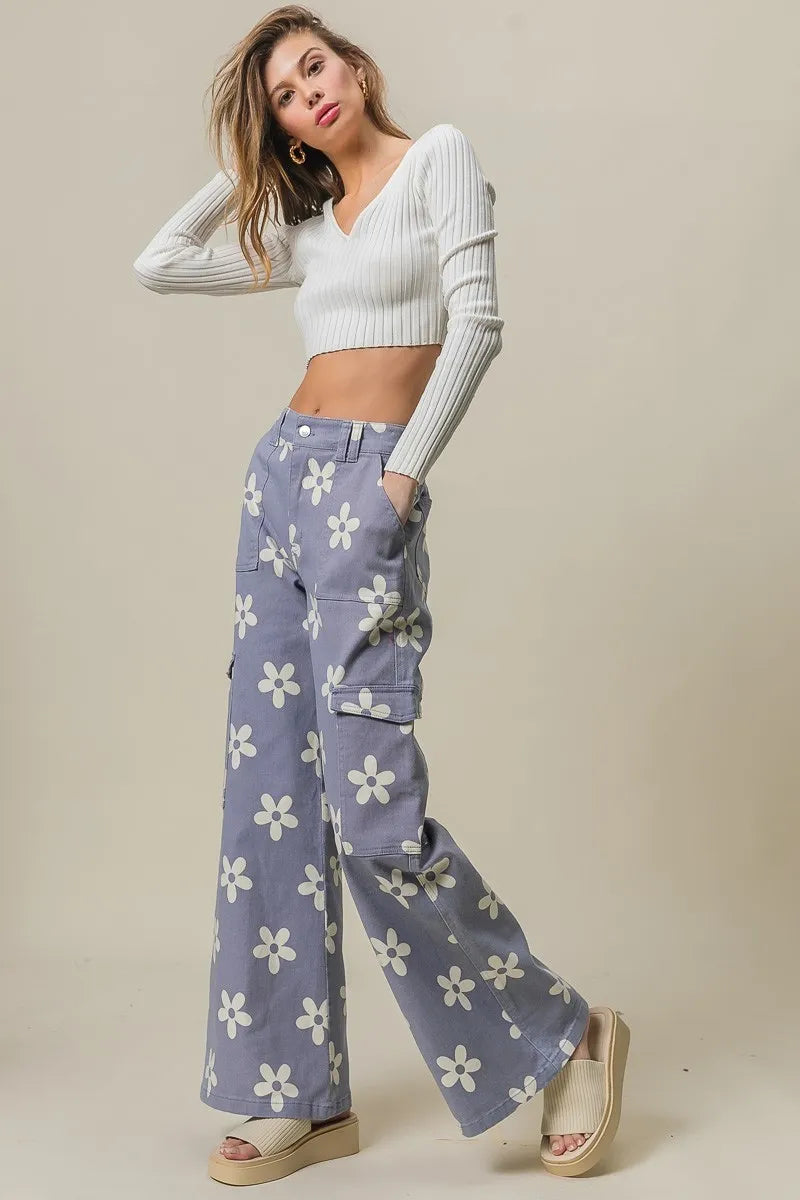 BiBi Flower Printed Side Pocket Wide Pants - Sydney So Sweet