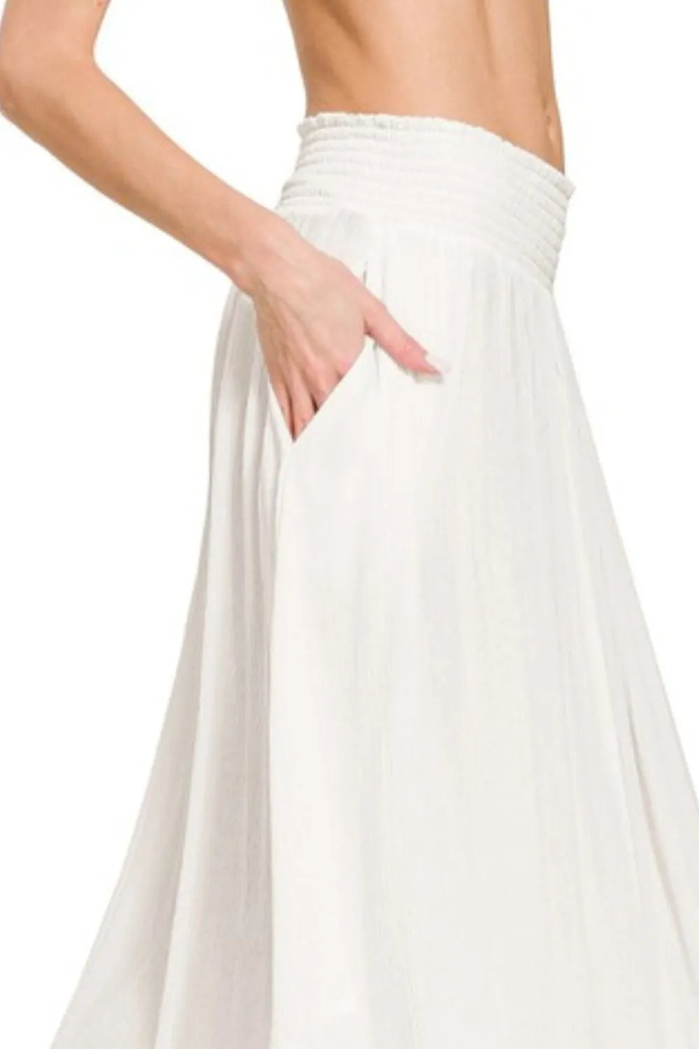 Zenana Woven Crinkle Smocked Waist Maxi Skirt W Pockets - Sydney So Sweet