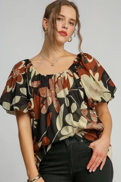 Umgee Full Size Print Round Neck Puff Sleeve Top Plus Size - Sydney So Sweet