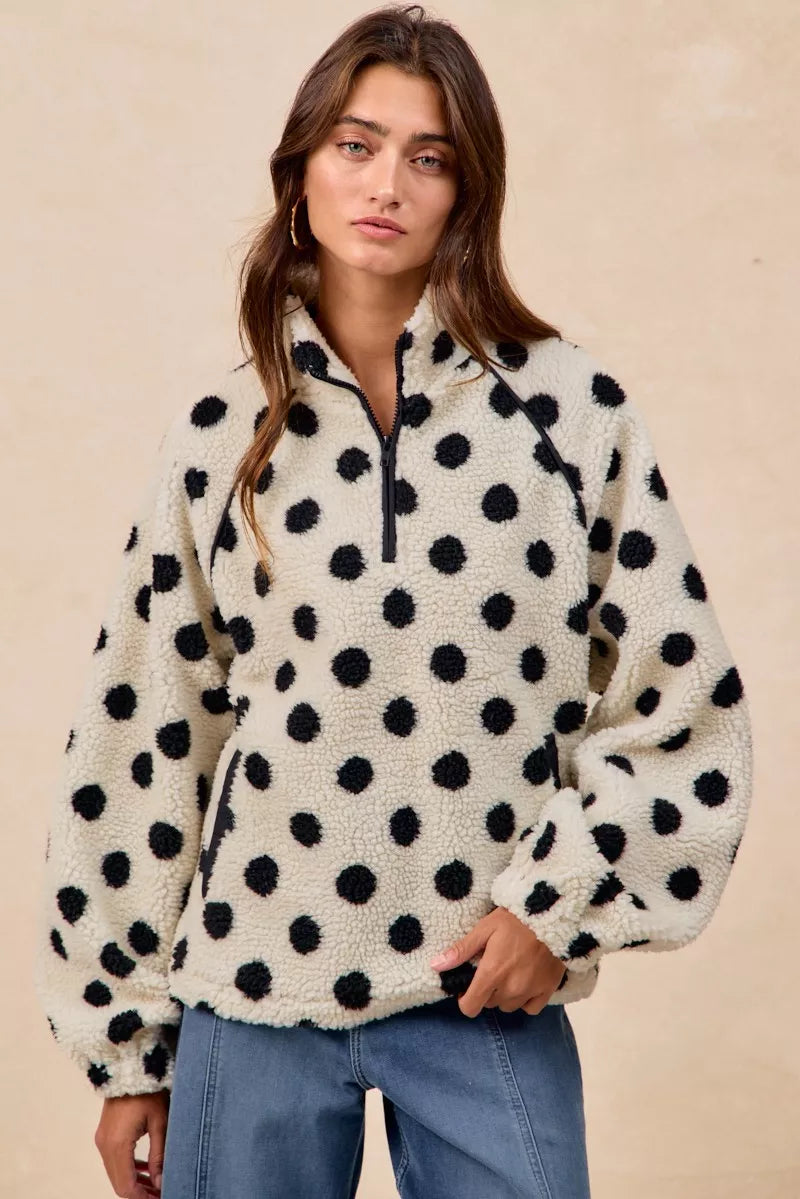 BiBi Polka Dot Sherpa Half Zip Up Top with Side Pocket - Sydney So Sweet