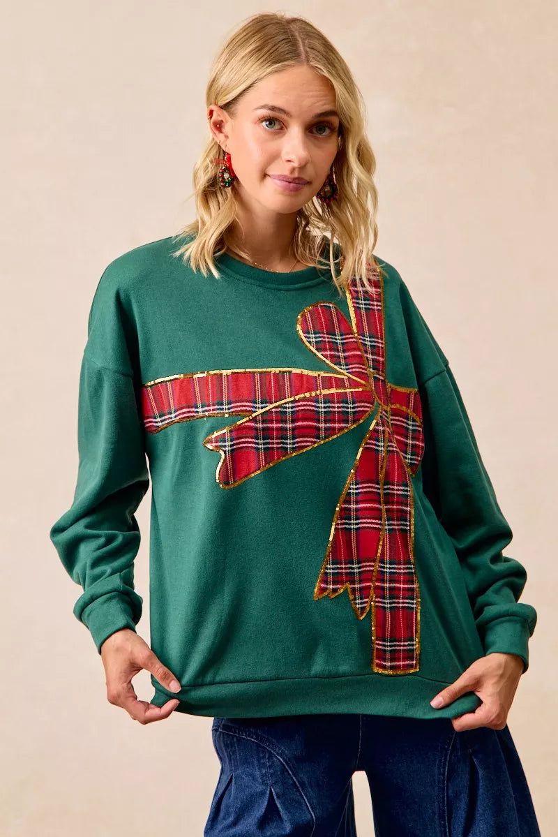 BiBi Plaid Ribbon Bow Detail Christmas Fleece Pullover - Sydney So Sweet