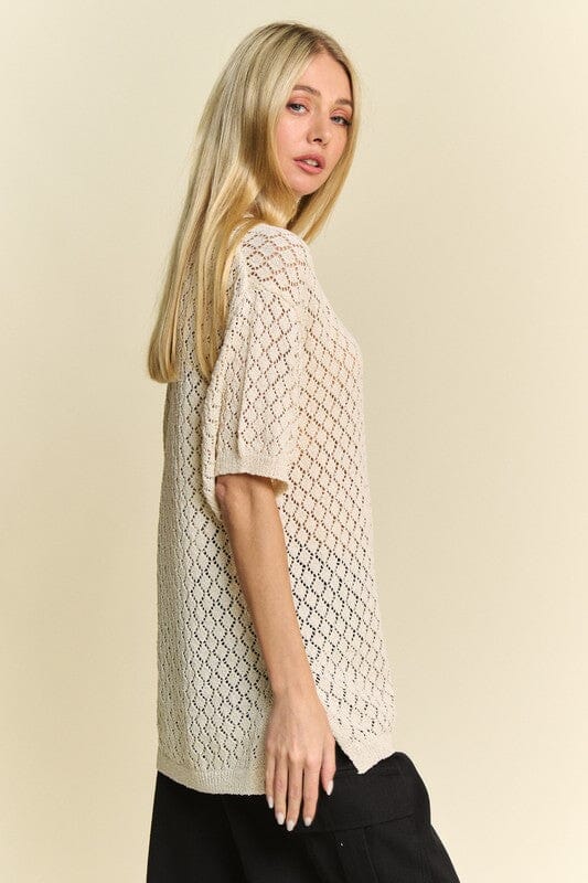 Davi & Dani Side Slit Openwork Round Neck Half Sleeve Knit Cover Up - Sydney So Sweet