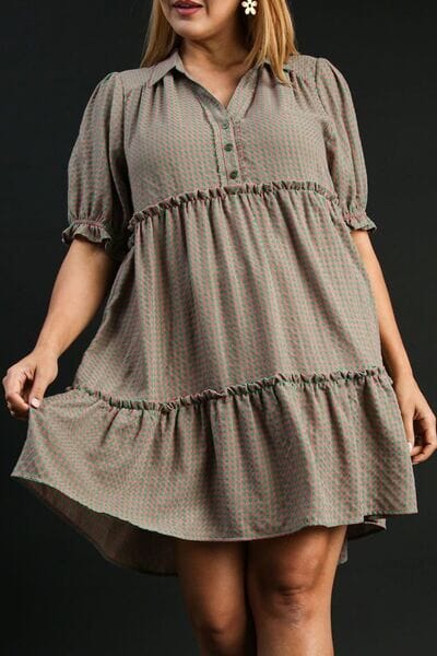 Umgee Full Size Plaid Frill Button Detail Ruffled Short Sleeve Dress Plus Size - Sydney So Sweet