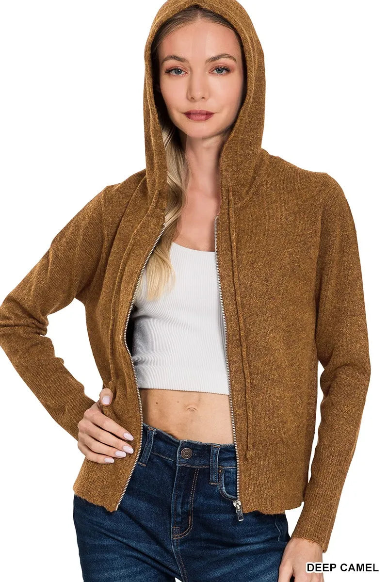 Zenana Drawstring Zip Up Hooded Cardigan - Sydney So Sweet