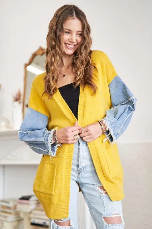 ADORA Full Size Frayed Denim Sleeve Sweater Cardigan Plus Size - Sydney So Sweet