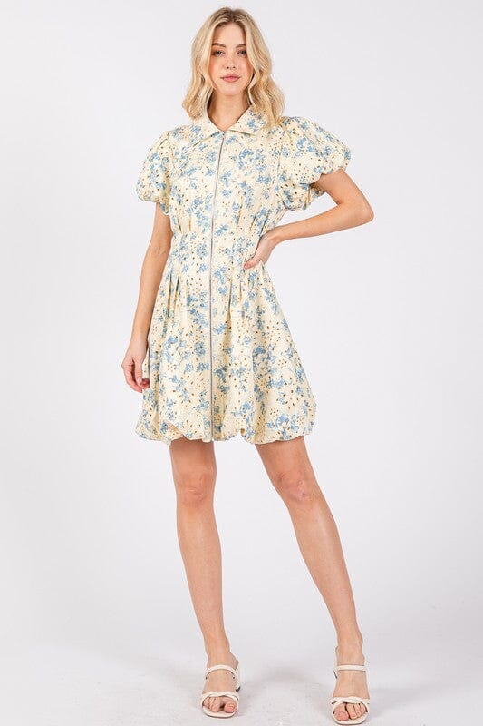 GeeGee Floral Eyelet Zipper Front Puff Sleeve Mini Dress - Sydney So Sweet