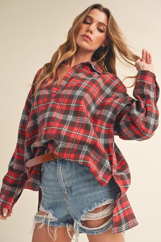 Aemi + Co Side Slit High-Low Plaid Long Sleeve Polo Shirt - Sydney So Sweet