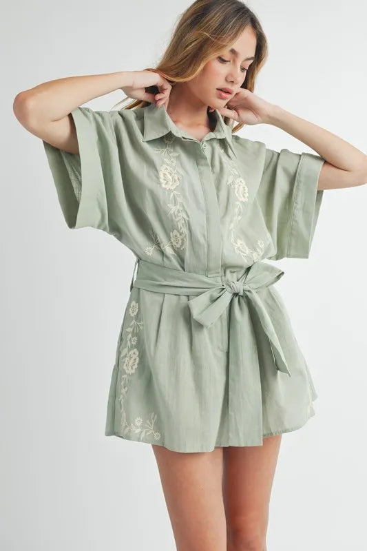 MABLE Embroidered Button Down Collared Neck Romper - Sydney So Sweet