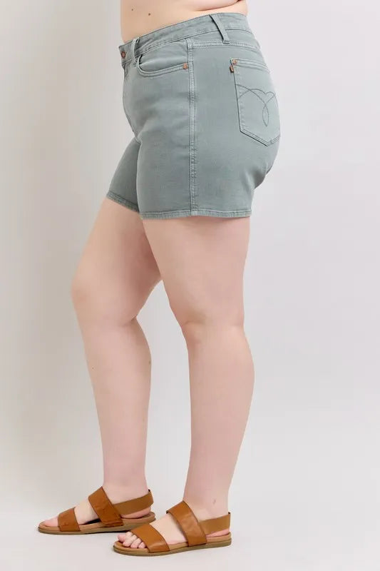 Judy Blue Full Size Hw Garment Dyed & Back Pkt Embroidery Shorts Plus Size - Sydney So Sweet