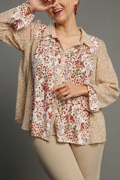 Umgee Full Size Mixed Print Metallic Detail Long Ruffle Sleeve Button Down Shirt Plus Size - Sydney So Sweet