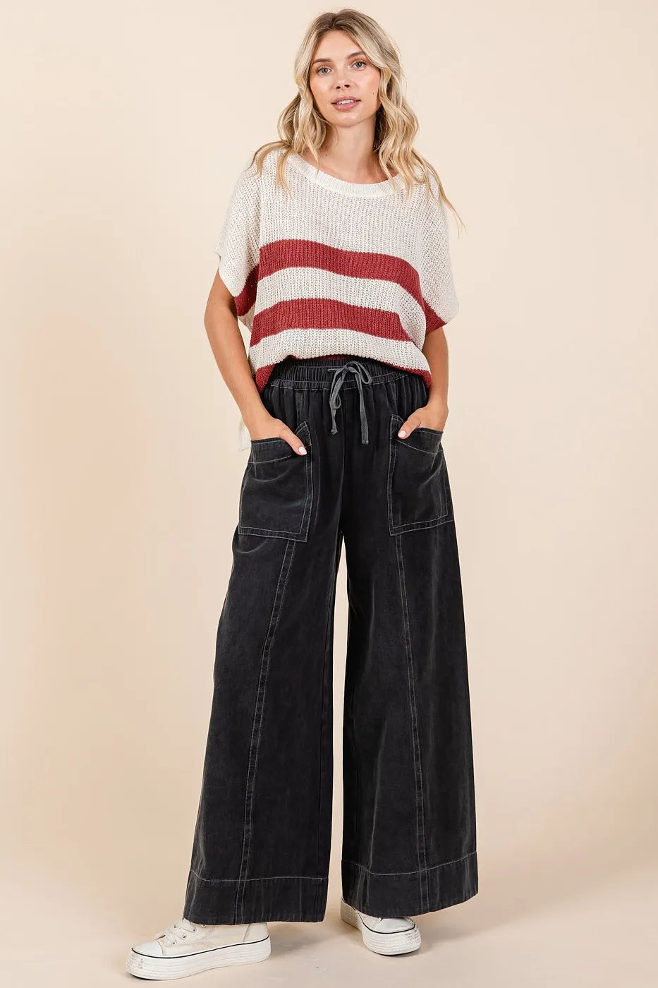 Mittoshop Mineral Wash Wide Leg Elastic Waist Twill Pants - Sydney So Sweet