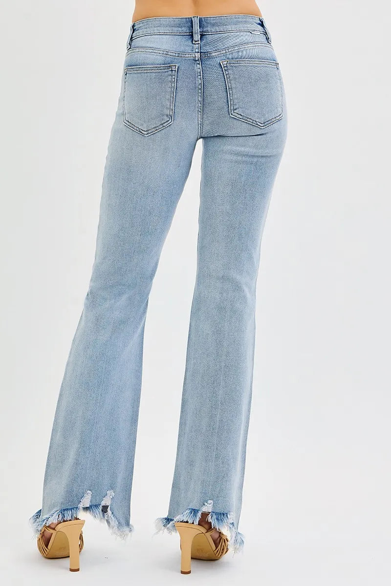 RISEN Full Size Tummy Control Mid Rise Flare Jeans with Fray Hem Detailed Plus Size - Sydney So Sweet