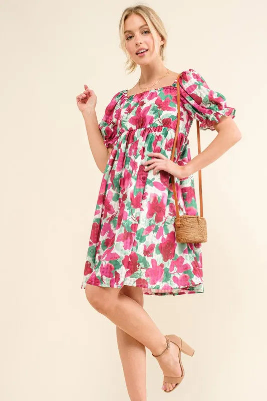 And The Why Smocked Floral Ruffle Short Sleeve Mini Dress - Sydney So Sweet