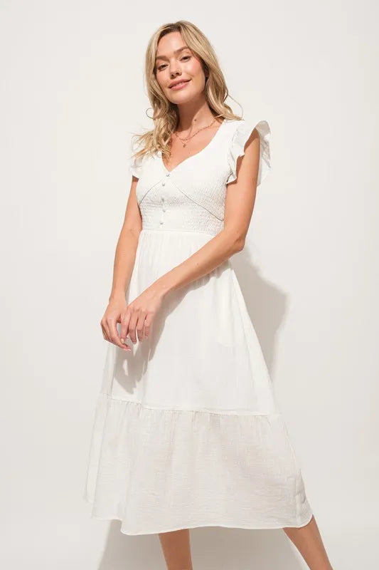And The Why Ruffle Sleeve Front Smocked Tiered Midi Dress - Sydney So Sweet