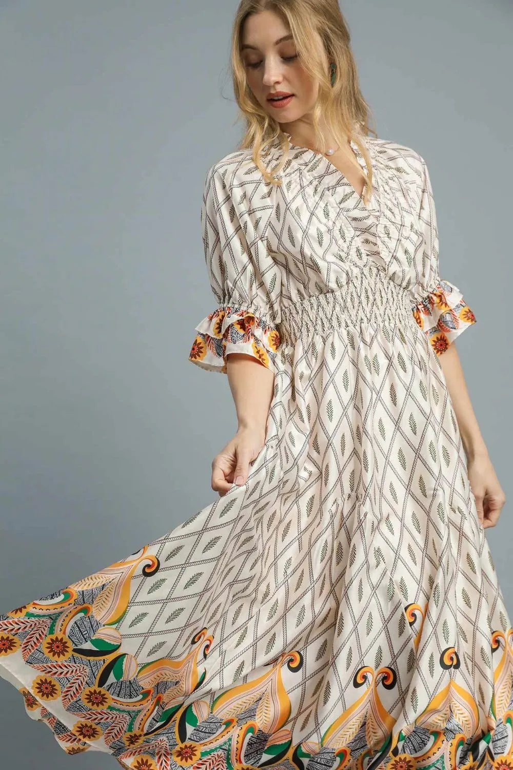 Umgee Printed Smocked Waist Flounce Sleeve Midi Dress - Sydney So Sweet