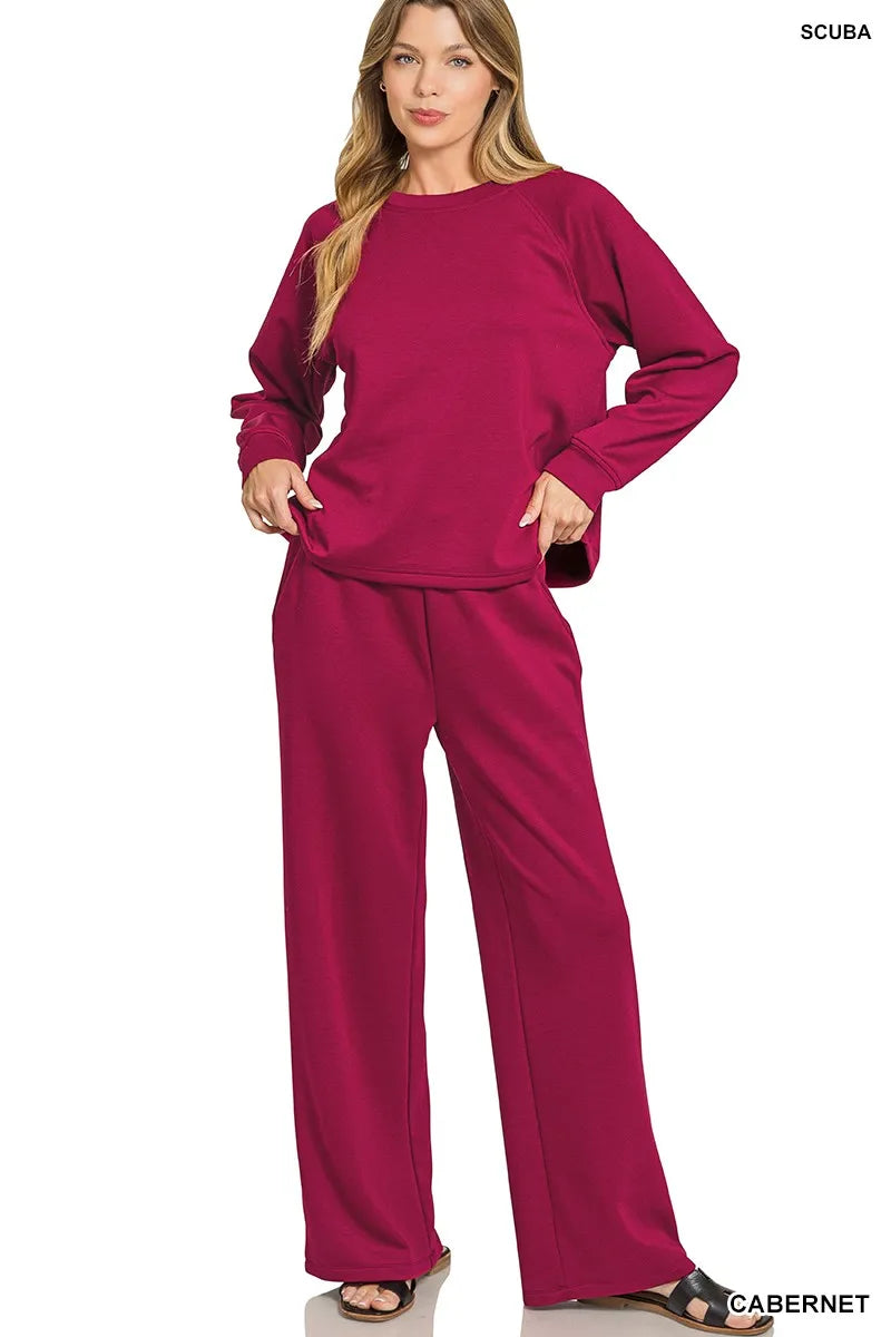 Zenana Scuba Crewneck Sweatshirt and Pants Set - Sydney So Sweet