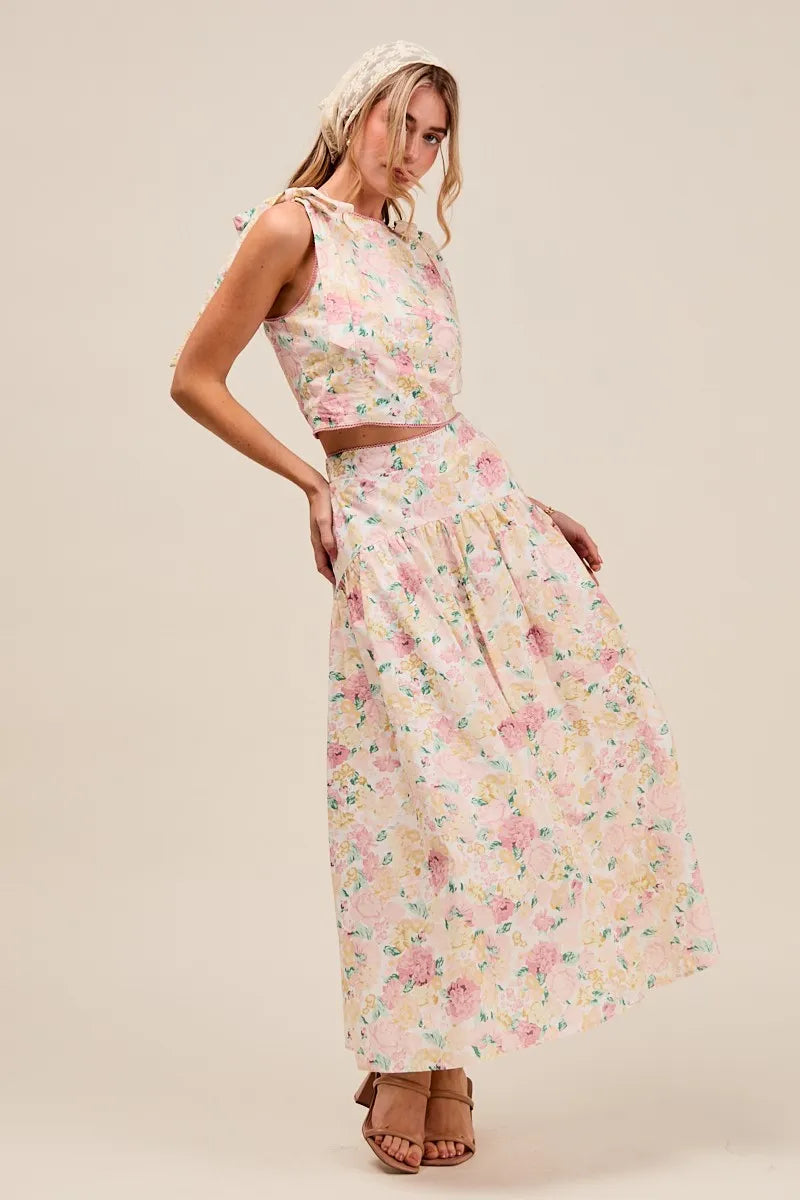 SO ME Floral Printed Woven Shoulder Bow Tie Top and Skirt Set - Sydney So Sweet