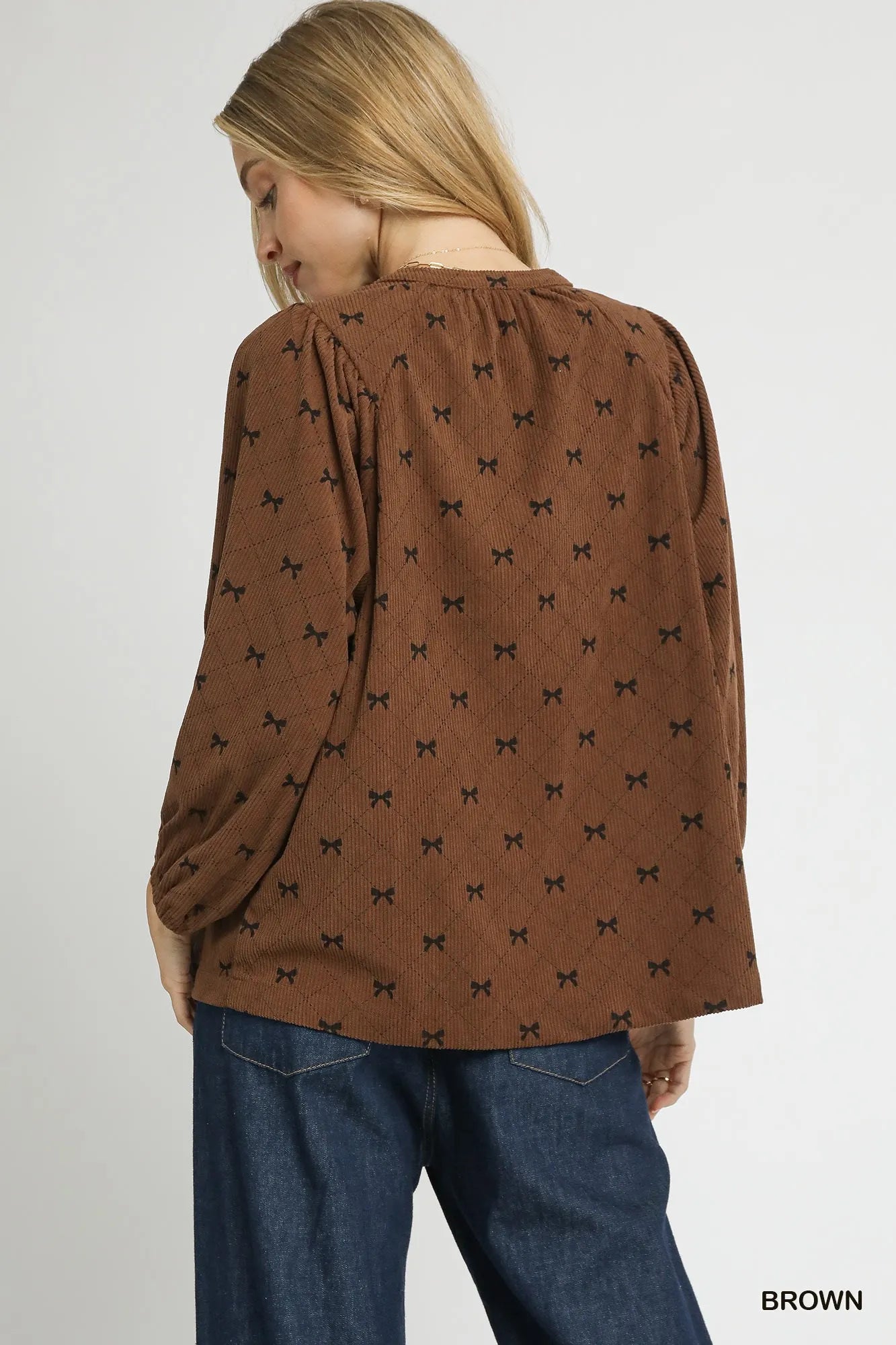 Umgee Corduroy Bow Print Balloon Sleeve Blouse - Sydney So Sweet