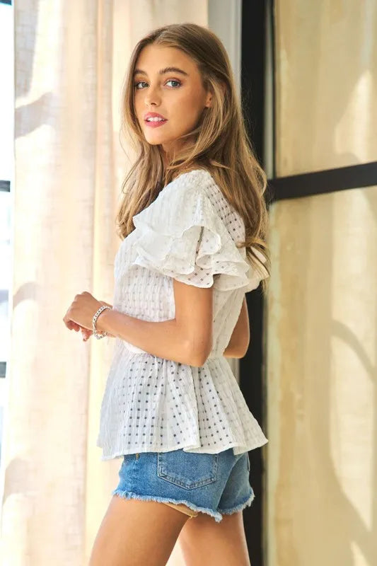 Davi & Dani Shirring V-Neck Ruffle Gingham Plaid Printed Top - Sydney So Sweet