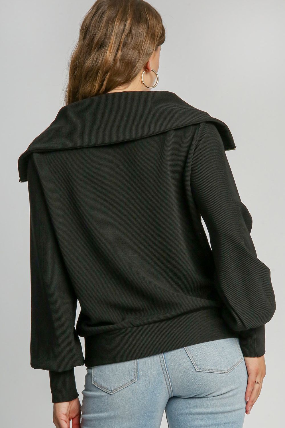 Umgee Full Size Ribbed Knit Half Zipper Sweatshirt Plus Size - Sydney So Sweet