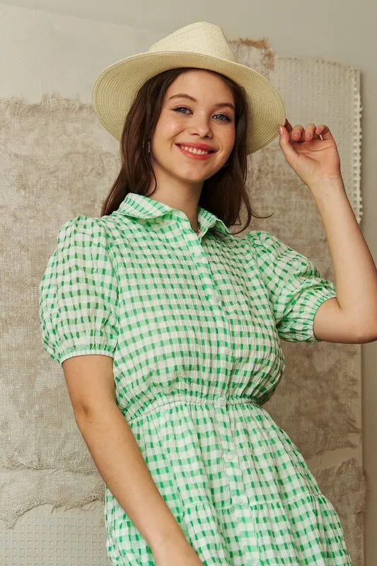 Davi & Dani Checkered Puff Sleeve Tiered Shirt Dress - Sydney So Sweet