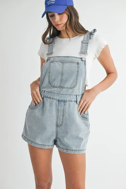 MABLE Square Neck Ruffle Shoulder Denim Overall Romper - Sydney So Sweet