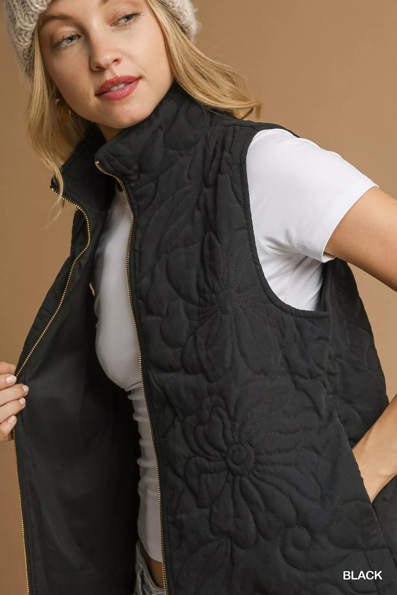 Umgee Quilted Floral Zip Up Vest with Pockets - Sydney So Sweet