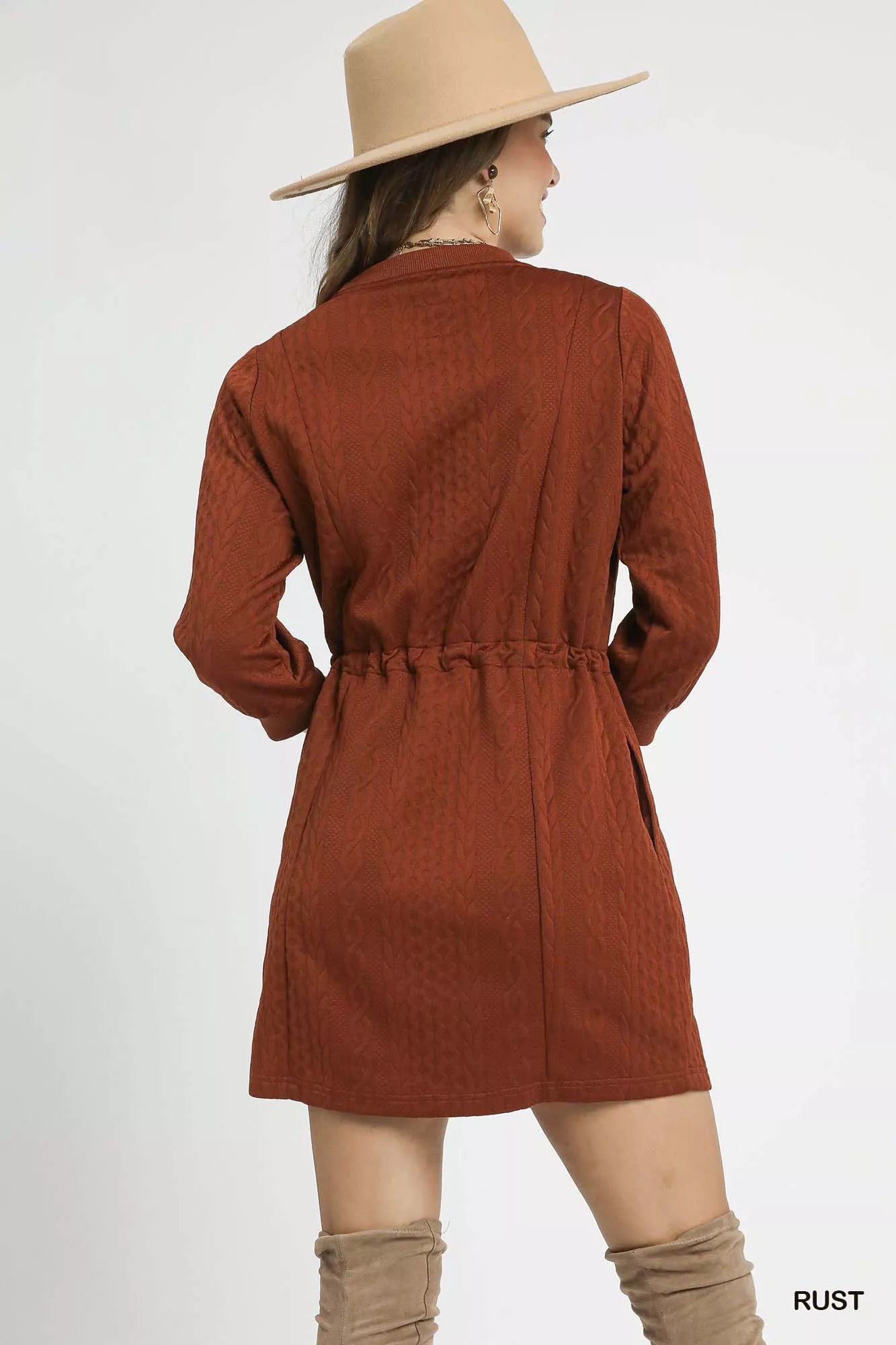 Umgee Drawstring Cable Knit Mini Dress with Pockets - Sydney So Sweet