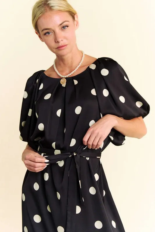 Davi & Dani Polka Dot Puff Sleeves Waist Tie Midi Dress - Sydney So Sweet
