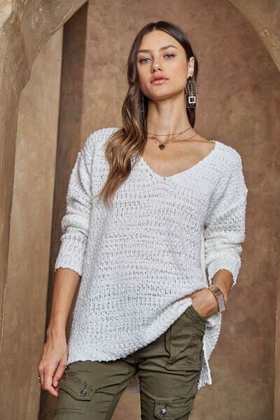 ADORA High-Low Side Slit V-Neck Sweater - Sydney So Sweet