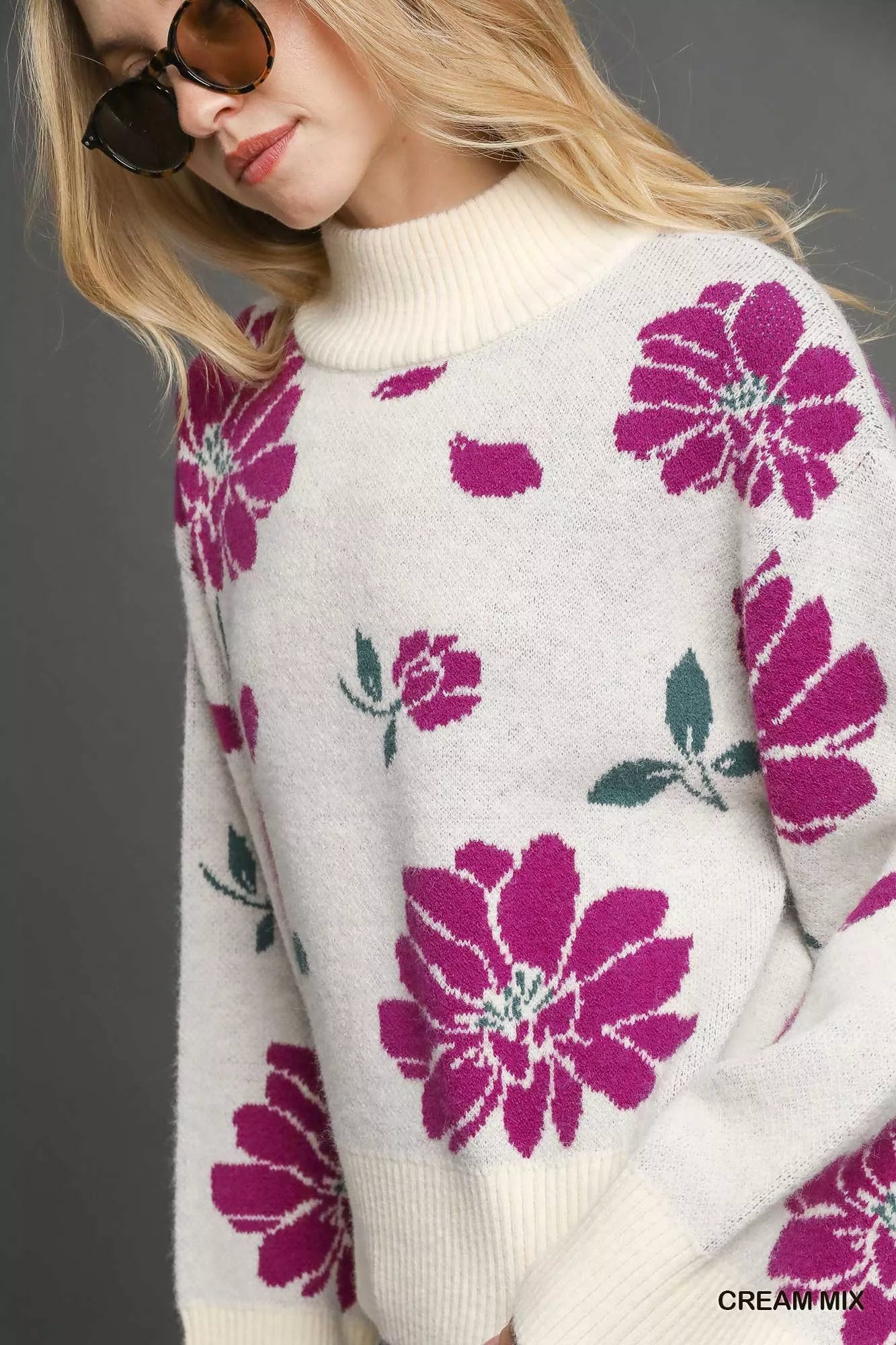 Umgee Floral Patterned Mock Neck Sweater - Sydney So Sweet