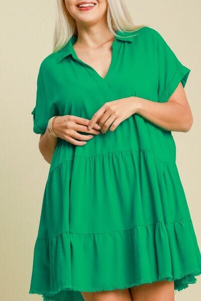 Umgee Full Size Raw Hem Folded Sleeve Tiered Dress Plus Size - Sydney So Sweet