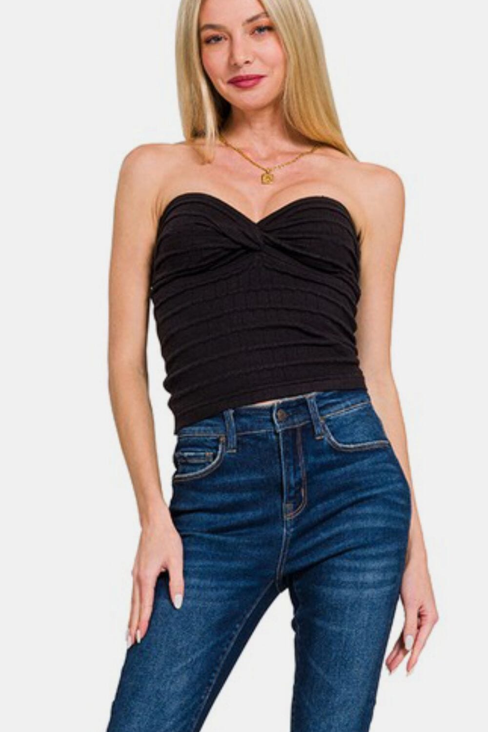Zenana Ruched Twisted Sweetheart Neck Top - Sydney So Sweet