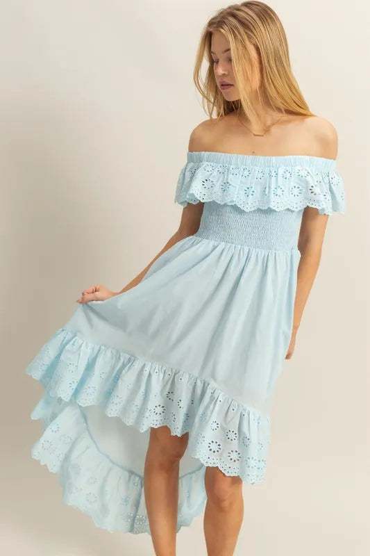 HYFVE High-Low Eyelet Ruffled Off-Shoulder Dress - Sydney So Sweet