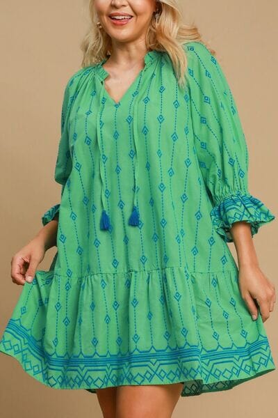 Umgee Full Size Tassel Embroidered Flounce Sleeve Mini Dress Plus Size - Sydney So Sweet