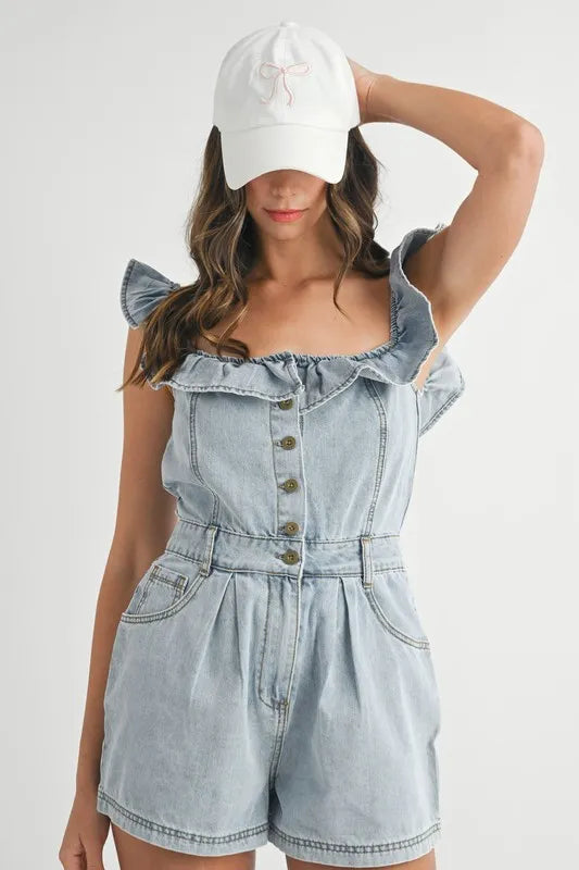 MABLE Off Shoulder Ruffle Detail Denim Romper - Sydney So Sweet