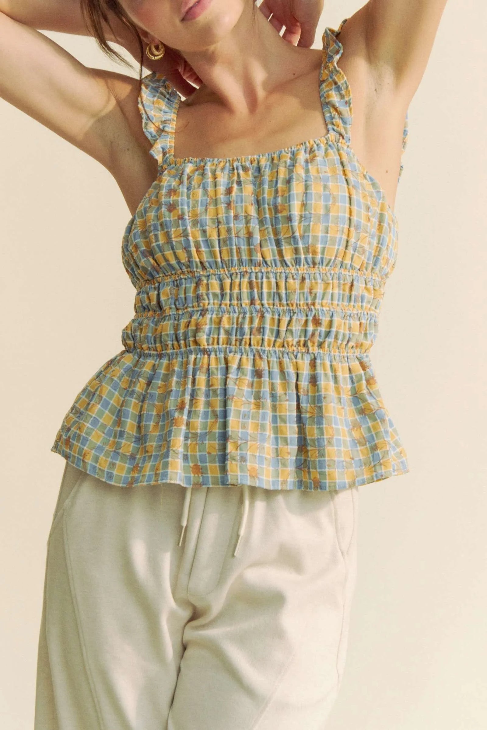 Davi & Dani Plaid Ruffled Strap Smocked Sleeveless Top - Sydney So Sweet